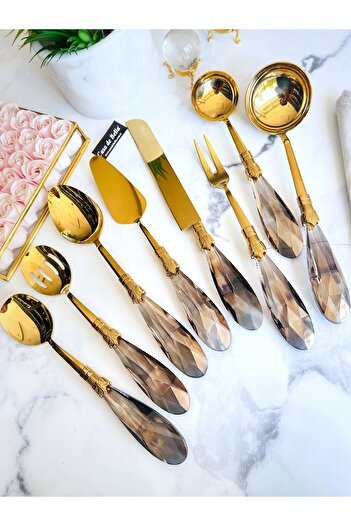 CASA DE BELLA Diamond Black 8 Piece Gold Serving Set with Crystal Handles