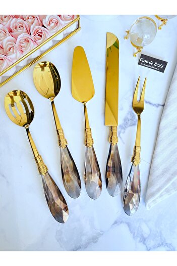 CASA DE BELLA Diamond Black 5 Piece Gold Serving Set with Crystal Handles
