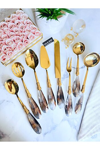 CASA DE BELLA Diamond Black 8 Piece Gold Serving Set with Crystal Handles
