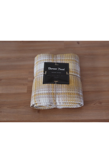 BARANO YUSSİ Cotton Blanket Double Mustard Beige Plaid Soft Waffle Textured Room Blanket