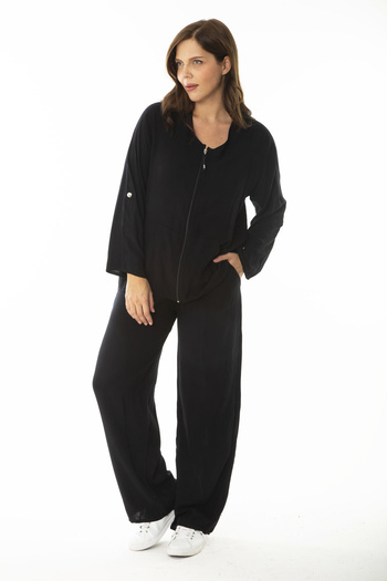 Şans Women's Large Size Black Front Zipper Adjustable Sleeve Length Cardigan Trousers Double Suit 65N36873
