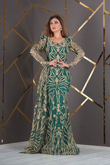 Matik Abiyem Lightly Decollete Long Evening Dress with Embossed Glitter Patterned Cape