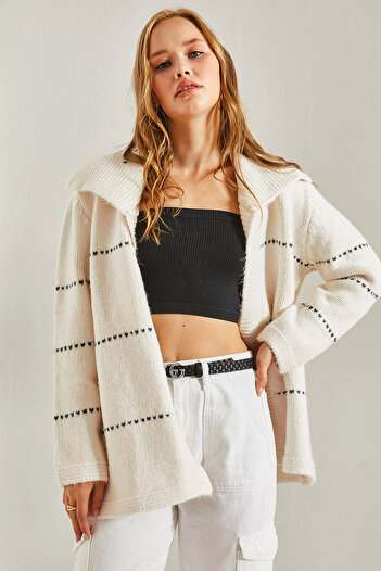 Bianco Lucci Women's Striped Thick Knitwear Cardigan
