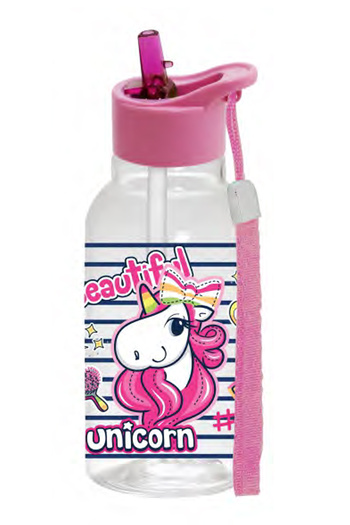 krommet Unicorn Pattern 460 Cc Leakproof Water Bottle with Straw, Children's Water Bottle with Rope - BPA Free