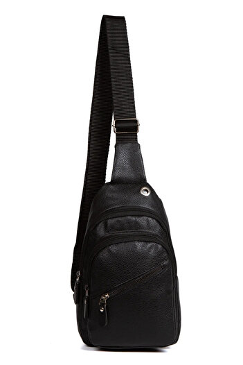 jön Unisex Black Vegan Faux Leather Crossbody Shoulder and Chest Bag with Headphone Jack (Daily, Travel, School)