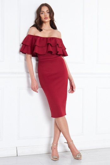 lovebox Stretchy Scuba Fabric Madonna Neckline Midi Length Pencil Cut Burgundy Evening Dress 164