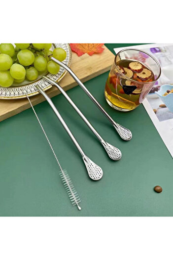 SAVORYHOME 1adet paslanmaz çelik pipet filtre kaşık kullanımlık Yerba Mate Bombilla Metal gümüş +1adet firça