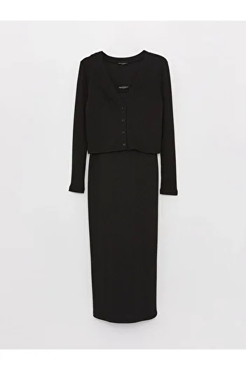 LC Waikiki Plain Long Sleeve Maternity Dress and Cardigan Set