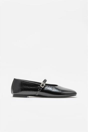Elle Shoes Black Leather Women's Ballerinas