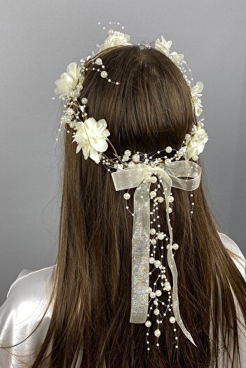 Hobigram Custom Design Bridesmaid Crown with Cream Laser Flowers for the Most Beautiful Brides – Crown, Crystal Stone, Stylish Model – Ta