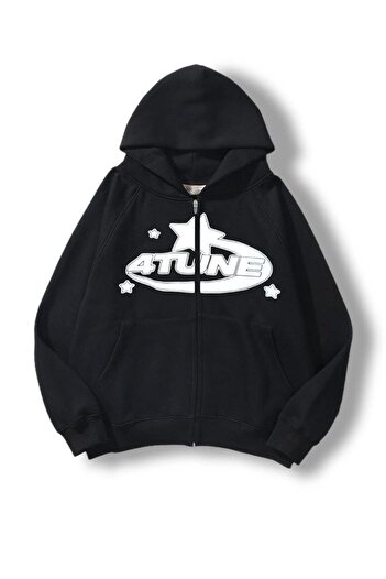 Planet Butik 4 Tune Printed Oversize Zippered Black Unisex Hooded Cardigan