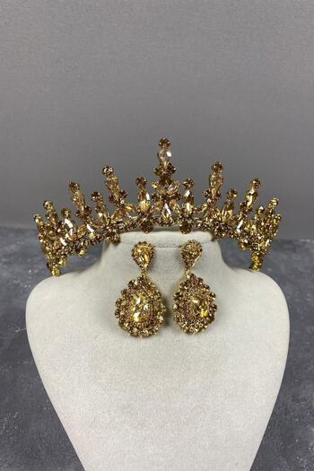 Hobigram Honey Color Cooker Bridal Henna Crown and Drop Stone Evening Dress Earrings
