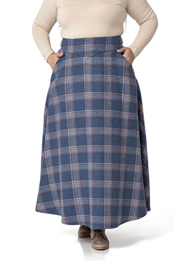 DISENTIS MODEST Large Size Waist Detailed Pocket Zippered Bell Plaid Indigo Long Skirt