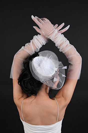 Hobigram Wedding Wedding Product Long White Bridal Gloves and Wedding Cap Set – Gloves, Stylish Design