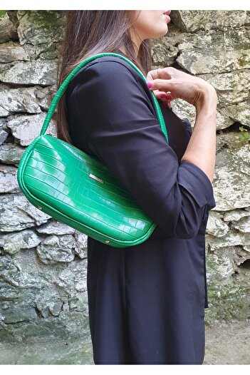 Bakras Green Crocodile Patterned Baguette Bag Baguette Shoulder Bag