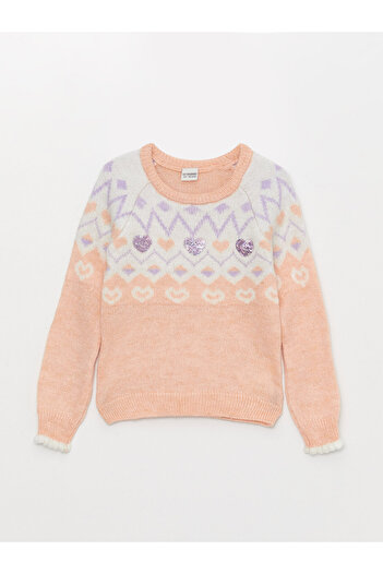 LC Waikiki Gemusterter, langärmliger Strickpullover für Mädchen mit Rundhalsausschnitt