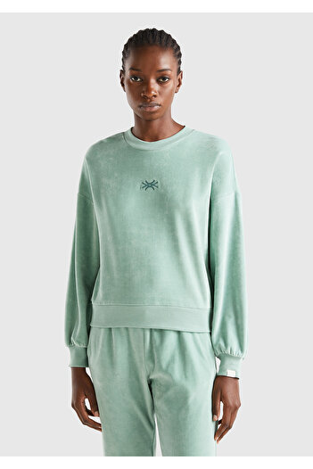United Colors of Benetton Kadın Su Yeşili Logo Baskılı Şönil Sweatshirt
