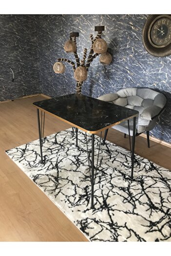 Yirmi15 Metal Ayaklı 60x90 Cm Siyah Mermer Desen Mutfak Masası-Balkon Masası -Çalışma Masası