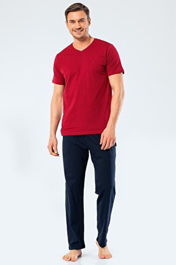 TÜREN Embroidered, 100% Cotton V-Neck Men's Pajama Set