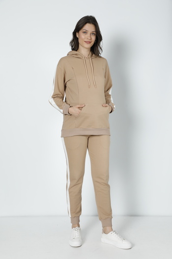 Miss Dünya Lissa Milk Coffee Striped Maternity and Maternity Hooded Sweatshirt Tracksuit Set