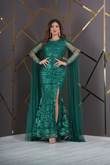 Matik Abiyem Dream Glitter Patterned Mop Printed Caped Long Dress Evening Dress on Tulle