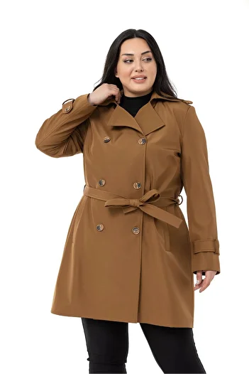 DISENTIS MODEST Plus Size Double-breasted Fleto Pocket Belted Epaulet Lined Cinnamon Trench Coat