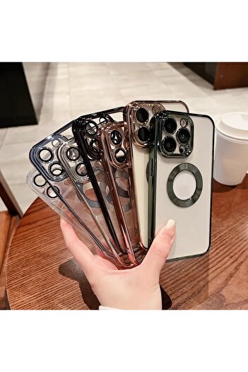 HyperAge iPhone 15 Pro Max Gold Kılıf Logo Detaylı Kamera Koruma Camlı Renkli Kenarlı Tam Koruma Kapak