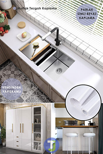 Technojet Kendinden Yapışkanlı Simli Beyaz Mutfak Banyo Tezgah Duvar Dolap Masa Kaplama 60cmx500cm
