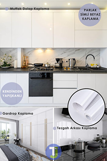 Technojet Kendinden Yapışkanlı Simli Beyaz Mutfak Banyo Tezgah Duvar Dolap Masa Kaplama 60cmx500cm