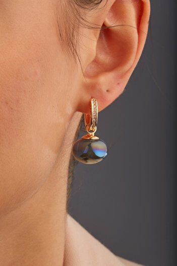 Joy of Jade Linda Women's Ball Pearl and Zircon Stone Detailed Gold Hoop Earrings, Navy Blue-Grey Pearl
