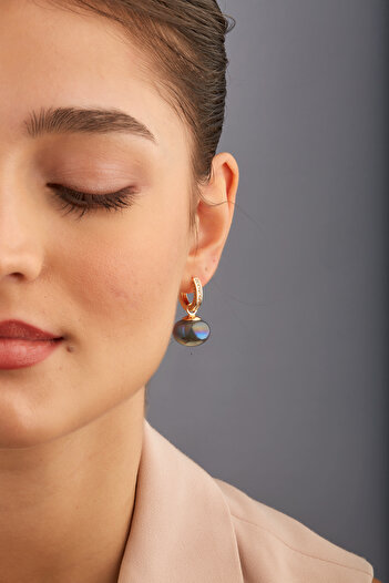Joy of Jade Linda Women's Ball Pearl and Zircon Stone Detailed Gold Hoop Earrings, Navy Blue-Grey Pearl