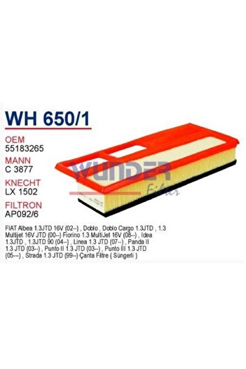 WUNDER Wh650/1 Oem 55183265 Fiat Albea Palio Doblo 1.3 Jtd Air Filter
