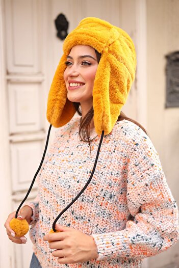 REMSA Women's Fur Plush Hat with Headphones RKŞ-04 Mustard