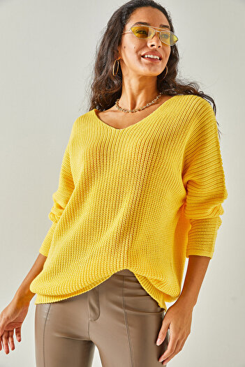 Olalook Kadın Sarı V Yaka Selanik Örgü Oversize Triko Tunik TNK-19000081
