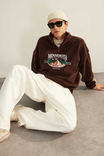 Trendyol Collection Φούτερ Unisex καφέ Oversize Fleece - Stand Collar, Λεπτομέρεια φερμουάρ, Anti-pilling TMNAW24SW00034