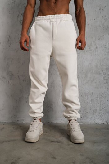 Mhm Unisex 3 Thread Fabric Elastic Leg Plain White Sweatpants