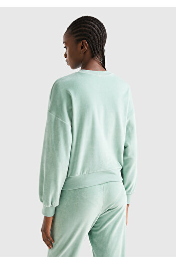 United Colors of Benetton Kadın Su Yeşili Logo Baskılı Şönil Sweatshirt