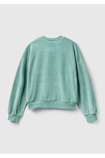 United Colors of Benetton Kadın Su Yeşili Logo Baskılı Şönil Sweatshirt