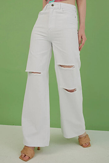 TRENDNATUREL Women's White Ripped Palazzo Jeans High Waist White Slit Loose Jeans 100% Natural Cotton