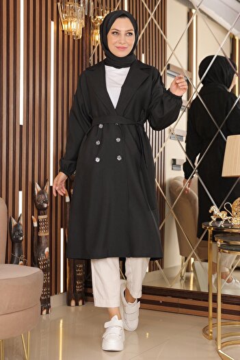 Modamihram Button Detailed Trench Coat Black 19147