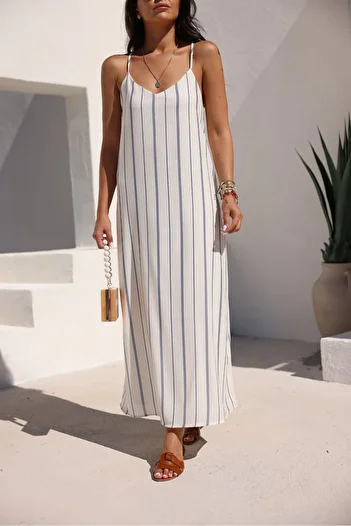 Laluvia Rochie cu bretele cu dungi albastru bleumarin la spate