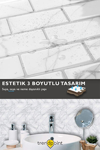 Trendpoint 1adet 3d 30cm×30cm Mutfak Tezgah Arası Kaplama Kendinden Yapışkanlı Beyaz Mermer Görünüm
