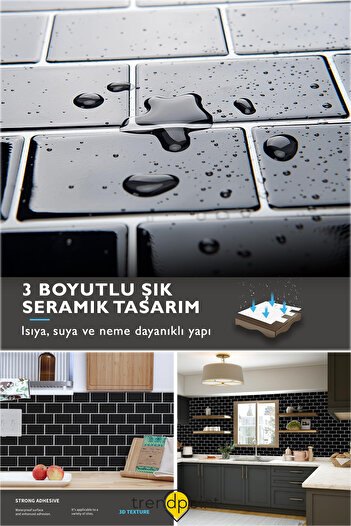 Trendpoint 1adet 3d 30cm×30cm Mutfak Tezgah Arası Kaplama Kendinden Yapışkanlı Siyah Seramik Görünüm