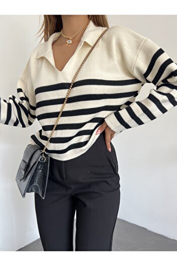 Jose Clothing Women's Polo Neck Striped Long Sleeve Crop Knitwear Sweater