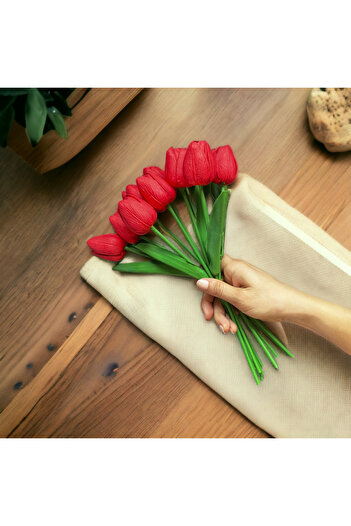 OZİHOUSE Artificial Flower 10Pcs Red Wet Tulip