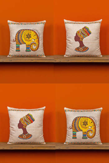 Cango Home Cream Ethnic African Figured Elephant Patterned Set of 4