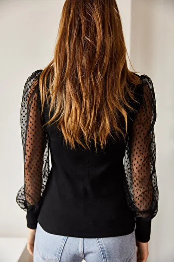 XHAN Women's Black Tulle Sleeves Blouse 9KXK2-43162-02