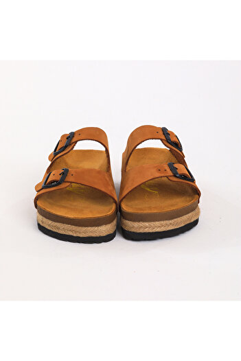 Moosefield Genuine Leather Straw Detailed Anatomical Sole Tan Women's Slippers