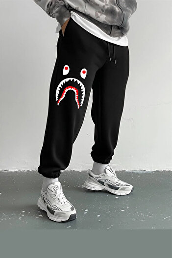 AMMA Ανδρικό φούτερ με εμπριμέ μαύρο Bape Shark με ελαστικά πόδια
