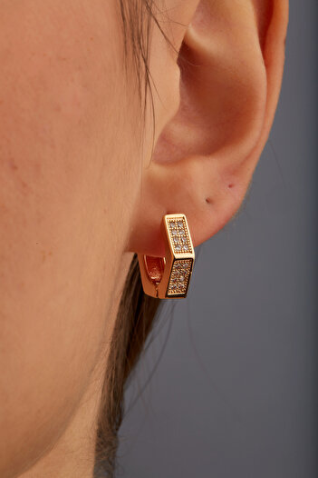 Joy of Jade Macy Women's Zircon Stone Detailed Gold Pentagonal Hoop Earrings, Small